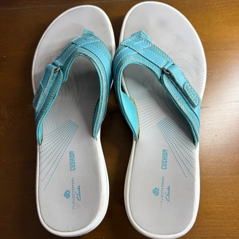 Clarks Cloudsteppers Arla Glitz Turquoise Blue Comfort Flip Flop Sandals